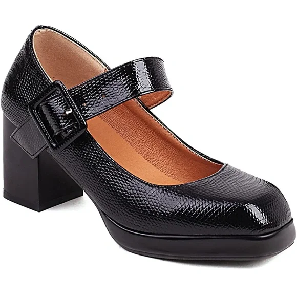 Chunky Platform Mary Jane Pumps Square Toe Buckled Ankle Strap 3" Block High - Picture 2 of 6
